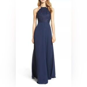 Hayley Paige Occasions Lace Halter Gown Bridesmaid Formal Size 16 Plus Navy EUC